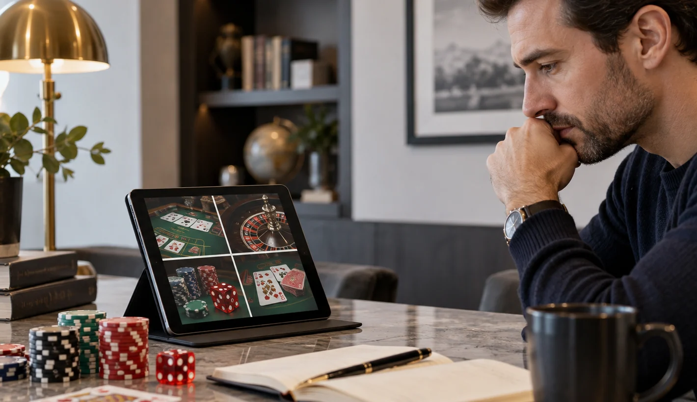 Player reviewing casino game choices and terminology from a tablet at home