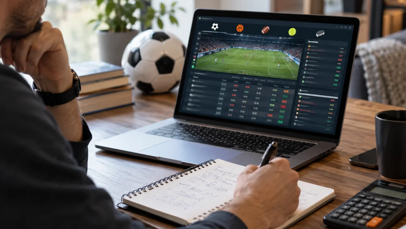 Close view of a soccer analysis workspace with a laptop, football and match data