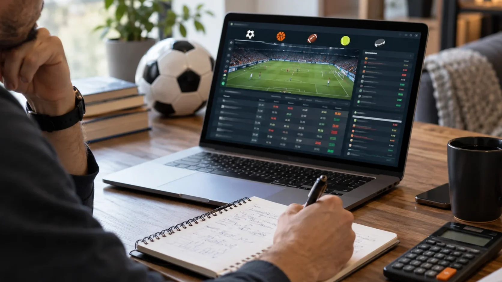 Soccer bettor studying match data and long-term competition markets at a home desk