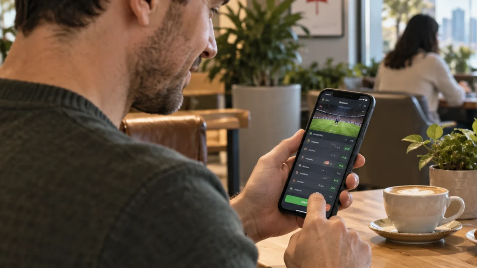 Soccer bettor reviewing long-term team and player performance on a mobile device