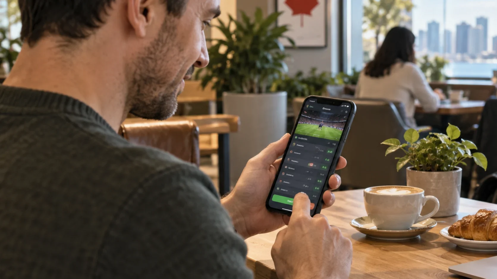 Canadian soccer fan checking match-result odds on a phone at a cafe