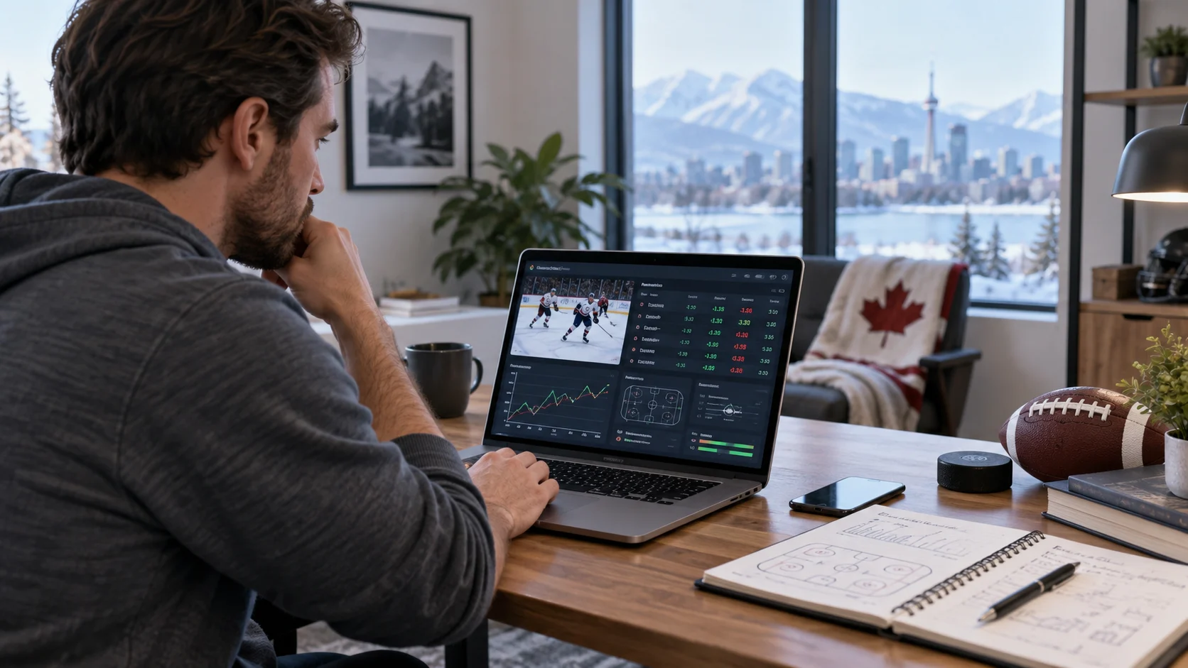 Canadian sports bettor analysing basketball and other sports markets from a home office