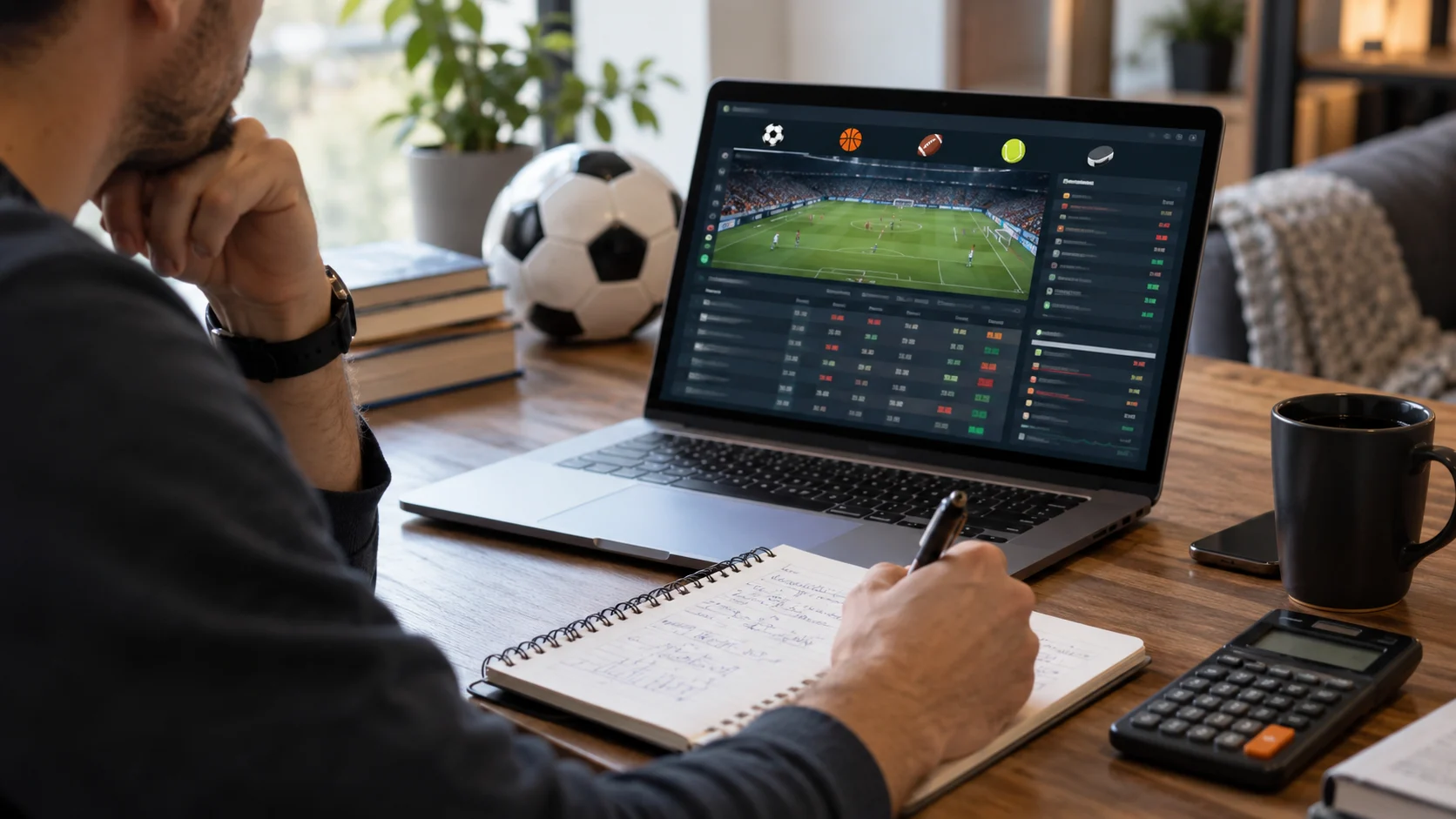 Sports bettor taking notes while comparing live sports prices on a laptop at a home desk