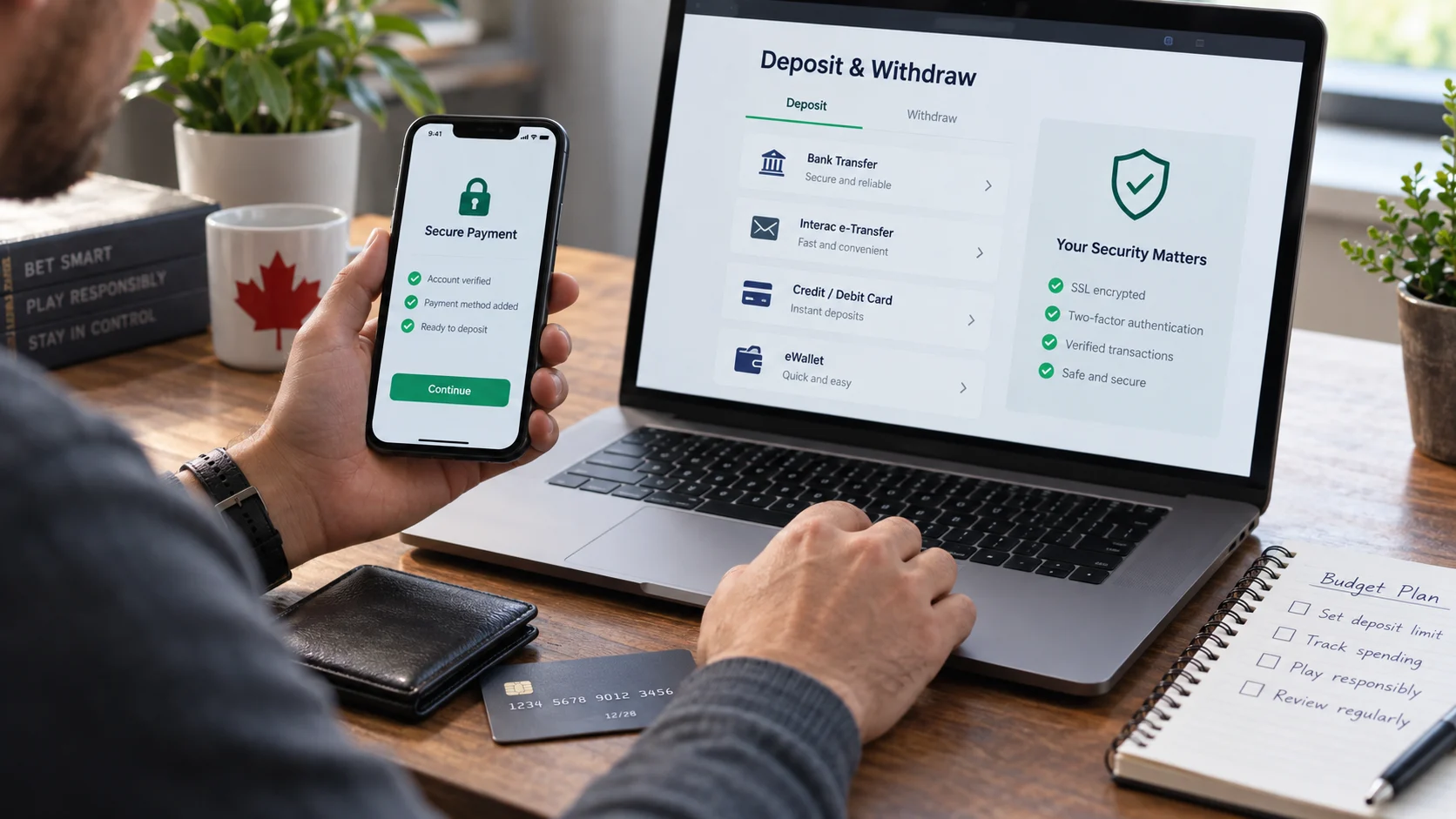 Canadian bettor comparing secure deposit and withdrawal options on a laptop and phone