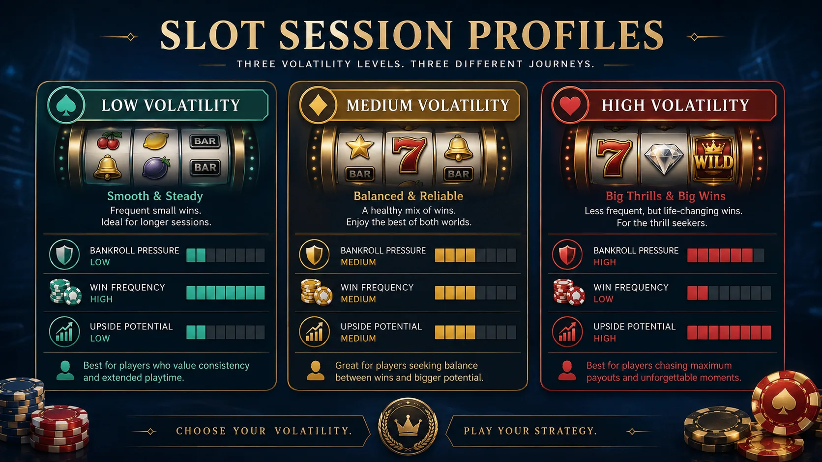 Infographic explaining RTP versus volatility in slot games